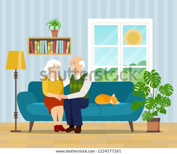 Grand Mere Grand Pere Et Chat Assis Sur Image Vectorielle De Stock Libre De Droits