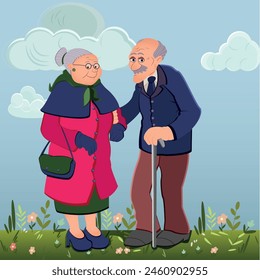 Grandmother and grandfather in a clearing. The illustration shows the happiness and love of the elderly.