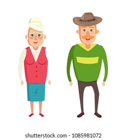 Grandmother and grandfather couple, elderly people in formal wear isolated on white background, grandparents cartoon characters, grandma and grandpa