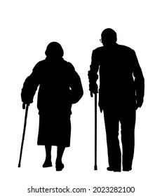 Grandmother and grandfather couple walking with stick together vector silhouette isolated. Old woman and old man family life. Mature senior people in love. Active healthy grandparents with crutches.