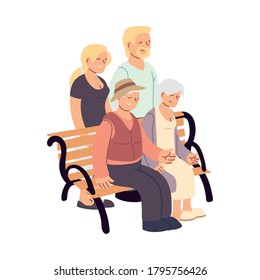 Grandmother grandfather daughter and son on bench design, Old woman man female male person mother father and grandparents theme Vector illustration