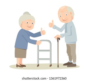 Grandmother and Grandfather. Elderly men and women shows an approving gesture, vector illustration.	