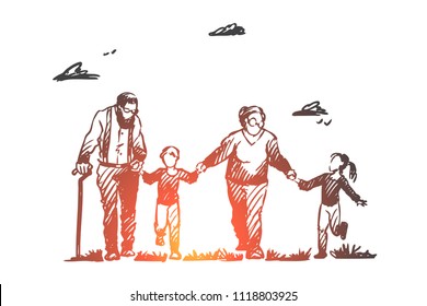 Grandmother, grandfather, grandchildren, family, generation concept. Hand drawn happy big family with grandmother and grandfather concept sketch. Isolated vector illustration.
