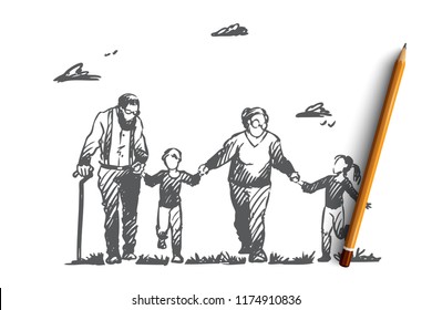 Grandmother, grandfather, grandchildren, family, generation concept. Hand drawn happy big family with grandmother and grandfather concept sketch. Isolated vector illustration.