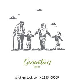 Grandmother, grandfather, grandchildren, family, generation concept. Hand drawn happy big family with grandmother and grandfather concept sketch. Isolated vector illustration.