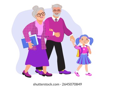 Grandmother, grandfather, and granddaughter are holding hands and walking to school. Family scene, care, parenting. Loving grandparents and child are talking and smiling. Vector flat illustration 