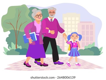 Avó, avô e neta estão de mãos dadas e caminhando até a escola pelo parque. Cena familiar, paternidade. Avós e filhos amorosos estão falando. Ilustração plana vetorial. 