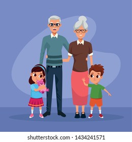 Grandmother and grandfather with grandsons on purple background cartoons vector illustration