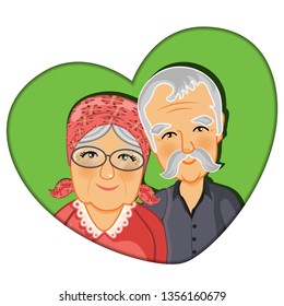 Grandmother and grandfather in love. Long term relationship. Vector graphics.