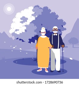 Grandmother and grandfather with mask in front of landscape design of Covid 19 virus theme Vector illustration