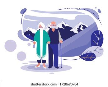 Grandmother and grandfather with mask in front of landscape design of Covid 19 virus theme Vector illustration