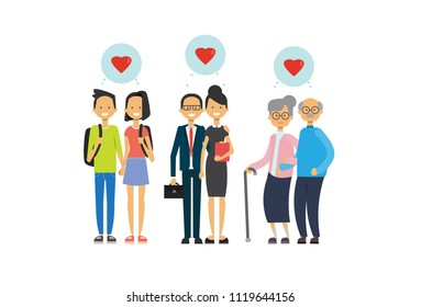 grandmother and grandfather, parent and teens couple in love, multi generation family, full length avatar on white background, successful family concept, tree of genus flat cartoon design vector స్టాక్ వెక్టార్