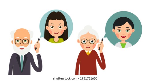 Grandmother and grandfather with phone. Elderly man and woman holds phone in her hand and represents image of grandchildren with whom she talks. Illustration isolated on white backdrop in flat style.
