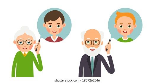 Grandmother and grandfather with phone. Elderly woman and man holds smartphone in her hand and represents image of grandson with whom she talks. Illustration isolated on white backdrop in flat style.
