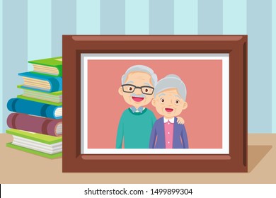 Grandmother And Grandfather In Photo Frame Together.Grandparents. Elderly Couple.Happy Grandparents Day. Picture Of Cartoon Grandfather And Grandmother.