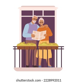 Grandmother and grandfather reading newspaper standing on balcony. Senior people at home on weekend relaxing. Cartoon character, vector in flat style