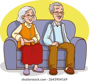 Grandmother and grandfather are relaxing together on their sofa vector illustration
