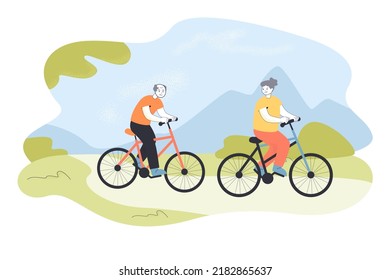 Grandmother and grandfather riding bicycles in park. Happy active old man and woman cycling outside flat vector illustration. Exercise, sport concept for banner, website design or landing web page