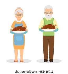 Grandmother and grandfather with roasted turkey. Cartoon style.Vector illustration