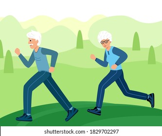 Grandmother and grandfather run in park. Older people play sports. Concept of  longevity and active lifestyle. Vector illustration in modern flat style.