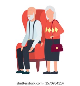 grandmother and grandfather seated in sofa characters vector illustration design