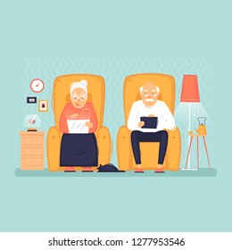 Grandmother and grandfather are sitting with a laptop and a tablet. Interior. Internet, modern old people, pensioners. Flat design vector illustration