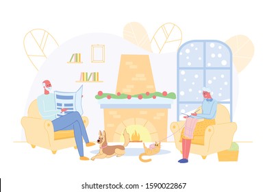 Grandmother and Grandfather Sitting near Fireplace with Home Pets Flat Cartoon Vector Illustration. Woman Knitting, Cat Playing with Ball. Man Reading Newspaper and Dog Lying near him.