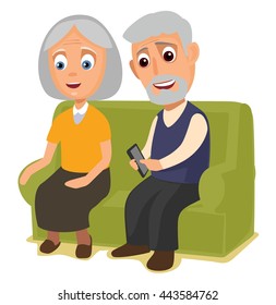 Grandmother and grandfather sitting together on a sofa. Vector flat color illustration isolated on background.