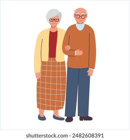 Grandmother and grandfather stand at full height on a white background. old man and old woman. A woman holds a man's arm. Cartoon flat style.

