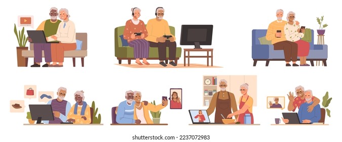 Grandmother and grandfather using modern technologies, gadgets and internet in daily life. Talking on web, playing games and shopping online. Flat cartoon character vector