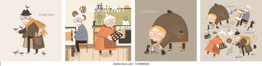 Abuela y abuelo. Ilustraciones vectoriales lindas de abuelos ancianos - un anciano y una anciana en casa en la cocina para cocinar, en la calle alimentan a pájaros y gatos. 