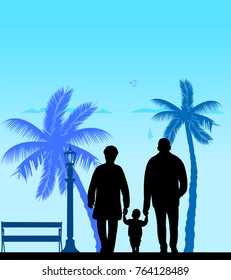 Grandmother and grandfather walking with grandchild on the beach, one in the series of similar images silhouette
