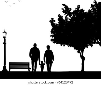 Grandmother and grandfather walking with grandchild in park, one in the series of similar images silhouette