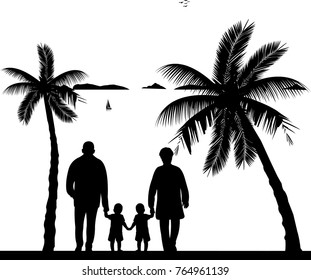 Grandmother and grandfather walking with grandchildren on the beach, one in the series of similar images silhouette