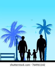 Grandmother and grandfather walking with grandchildren on the beach, one in the series of similar images silhouette