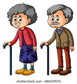 Grandmother and grandfather with walkingstick illustration