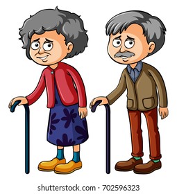 Grandmother and grandfather with walkingstick illustration