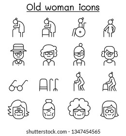 Grandmother, Grandma, Old Woman Icon Set In Thin Line Style