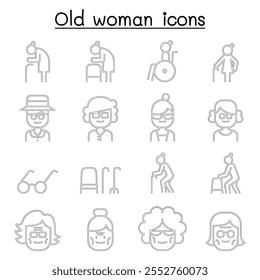 Grandmother, Grandma, old woman icon set in thin line style