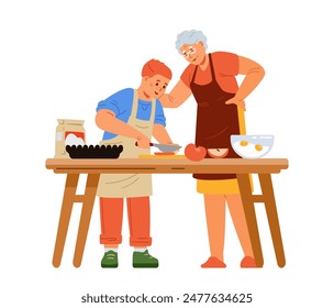 Grandmother with grandson in aprons making apple pie on kitchen table flat vector illustration isolated on white. Boy helping his grandmother cooking.