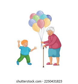 Grandmother and grandson. Cute illustration of a grandmother who gives him balloons. An elderly woman congratulates a little boy. Vector illustration in cartoon style