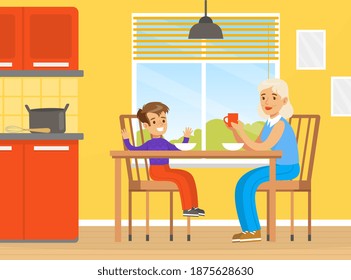 Grandmother and Grandson Eating, Drinking Tea and Talking to Each Other, Family Sitting at Dining Table Vector Illustration