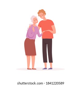 Grandmother and grandson. Elderly character, old woman and boy, social worker or relative vector illustration