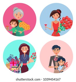 Grandmother and grandson with gift, woman with glass of wine, lady with bunch of presents, father and son with tulips vector illustrations set.