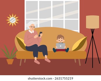 Grandmother and grandson learning new technologies and skills together at their own pace	
