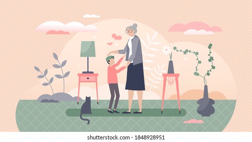 Grandmother with grandson as loving togetherness time tiny person concept. Old granny happy when visiting children vector illustration. Home meeting with cute and loving kid. Relatives age generations