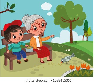 Grandmother and grandson are in the nature. They are sitting on a bench in the park and feeding a bird. Vector illustration.