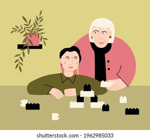 Grandmother and grandson playing home. Woman and boy assembling structures from interlocking toy bricks or building blocks. Family pastime. Vector flat illustration