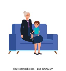 grandmother with grandson sitting in sofa vector illustration design