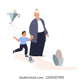 Grandmother and Grandson spend time together.Happy Granny Flying a Kite with Grandchild.Happy GrandParenting.Family Loving,Warm relationships,Girl Kid trust his Aged Granny.Flat vector illustration